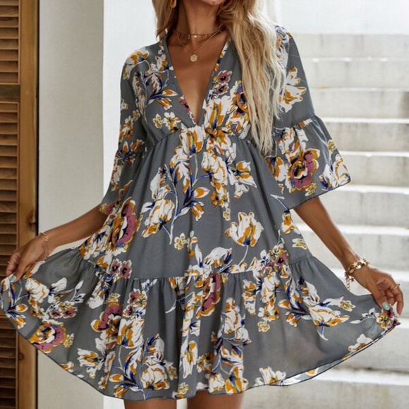 BellanBlue Dresses & Skirts - Boho Grey Floral Print v neck Ruffle Mini Dress Cottagecore